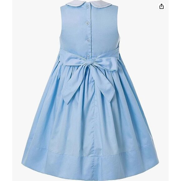 Solid Blue Smocked Dress Pink Rose Embroidery Peter Pan Collar & Sock Bundle - Picture 10 of 14